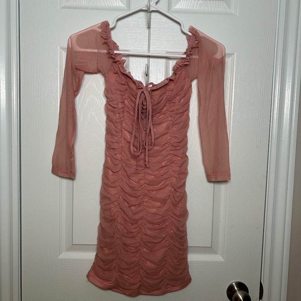 New Pink Off-The-Shoulder Mini Ruched Dress